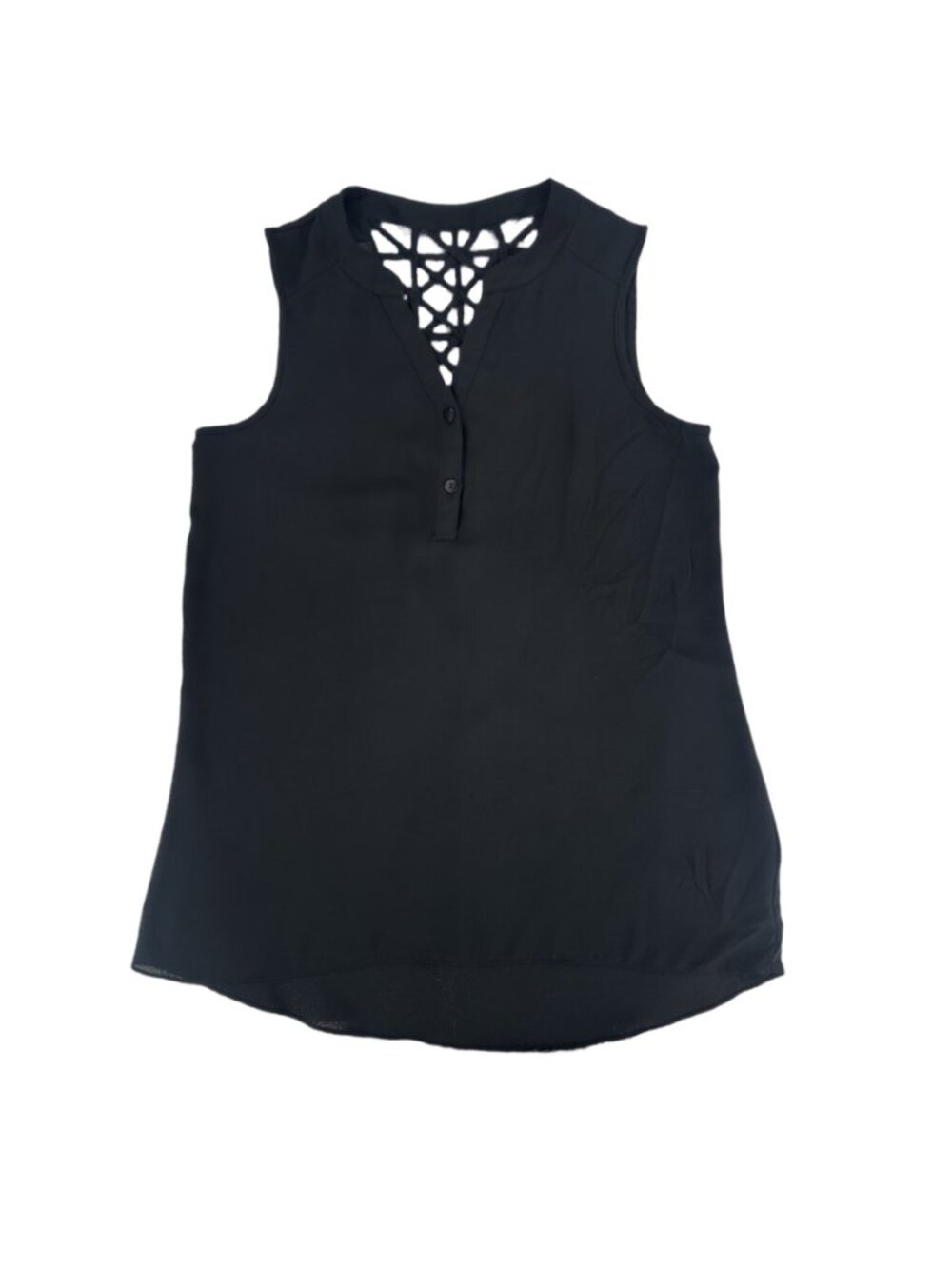 Blouse Women's M Black Lattice Cutout Back Sleeveless V Neck Chiffon Top Office